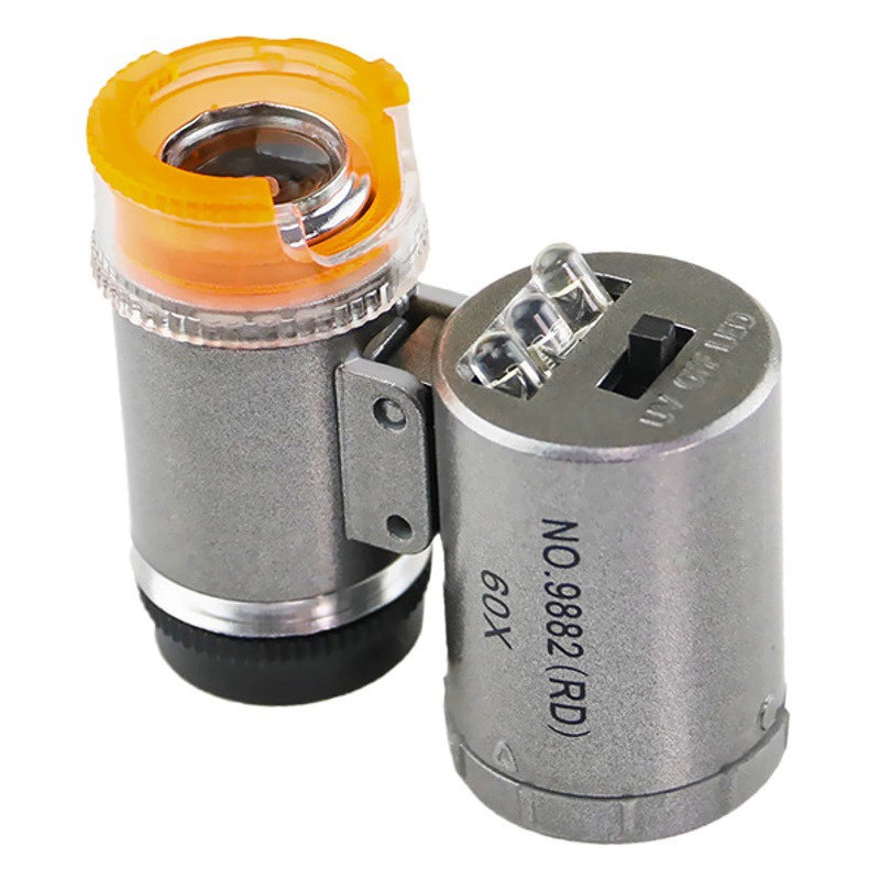 9882(RD) Mini Portable с УФ-банкнотой Светодиодная лампа Карманный микроскоп 60 раз Ювелирная культурная реликвия идентификация
