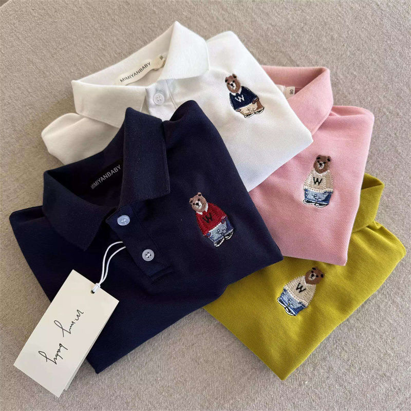 100 Cotton Children's Polo Shirt Short Sleeve 2025 Summer New Boys and Girls Little Bear Baby Top Polo Collar T-Shirt