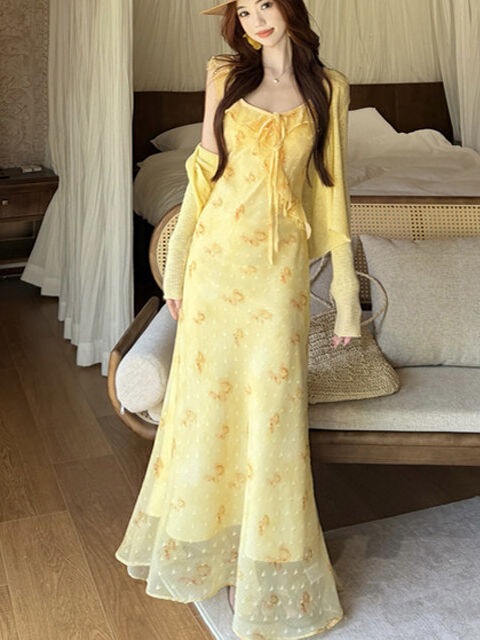 Tea Break French-Style Atmosphere Yellow Floral Suspender Dress for Women, Summer Unique and Beautiful Waist-Cinching Long Dress Set
