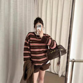 25秋冬新款mm针织毛衣圆领条纹圣诞氛围感复古时尚慵懒风上衣