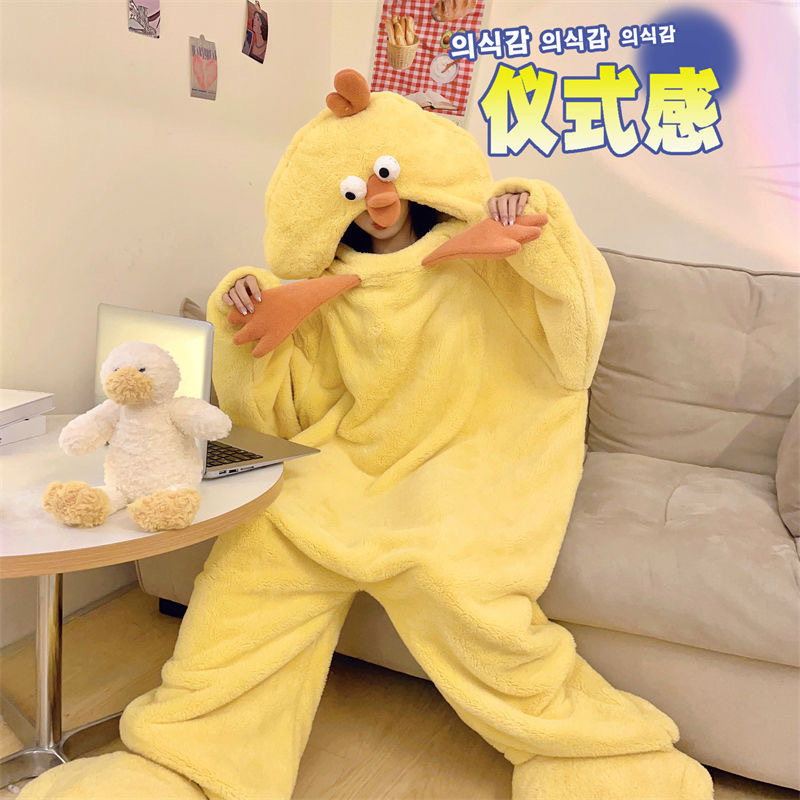Little Yellow Chicken One-Piece Pajamas for Women in Winter Fleece-Lined and Thickeneded Adult Funny Winter Adult Pajamas Adult Men's Home Clothes