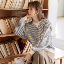 2024秋季新款休闲时尚灰白条纹针织圆领拼色设计感卫衣女oversize