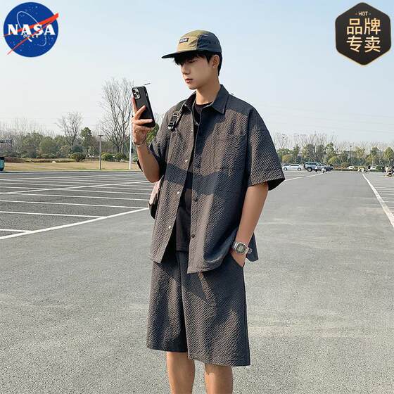 NASA Brand Joint Summer New Bubble Plaid Shorts Shirt suit Men's Trendy Brand Casual Shirt Two-piece Set