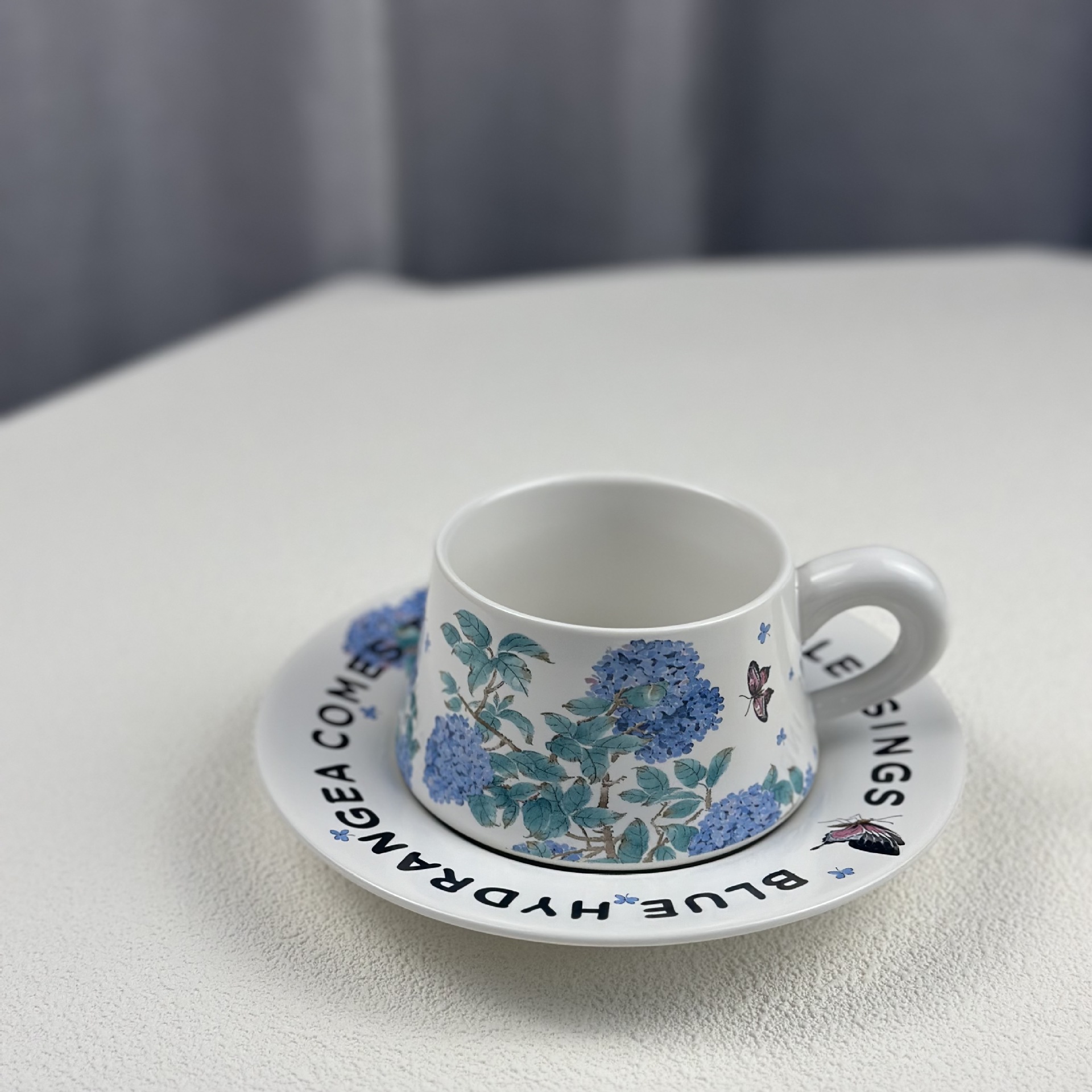 Tazas de hortenida de verano sin fin, tazas de café, platos de regalo de mano francesa, diseñador de flores retro, tazas de marca originales