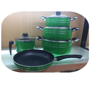 Factory Direct Sales Green 9-Piece Aluminum Non-Stick Pan Set Customized Soup Pot Milk Pot Frying Pan Set Promotion