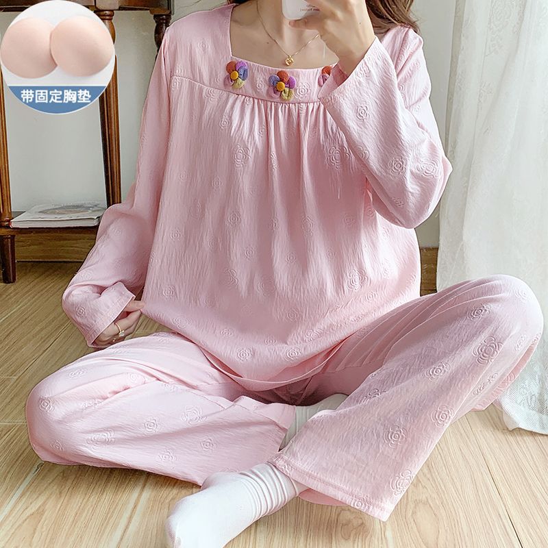 Nube de algodón pijama de mujer primavera y otoño 2025 nuevo con cojín de pecho conjunto de mangas largas dulce ropa doméstica de mujer se puede usar fuera