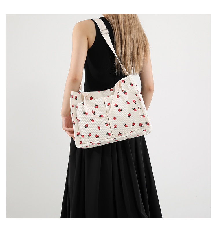 300g Weight Polyester Lining Material Zipper Closure Type Single Shoulder Strap Strap Type Tote Bag Bags Type Casual, School Occasion Corduroy Material Solid Color, Strawberry Pattern All Seasons Season Women's Gender Basic, Classic Style Style Square Shape Large Size Women's Large Corduroy Solid Color Strawberry Basic Classic Style Square Zipper Tote Bag 6