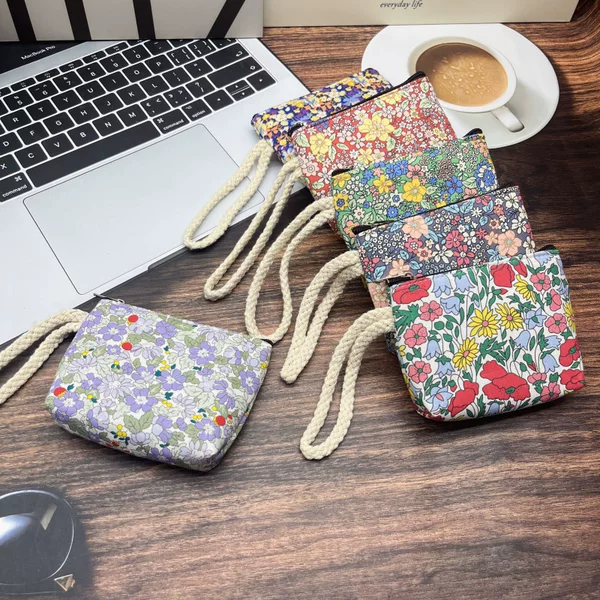 Cross-border sweet floral coin purse, fresh print women's wristlet small wallet, coin bag, pastoral style fabric key pouch