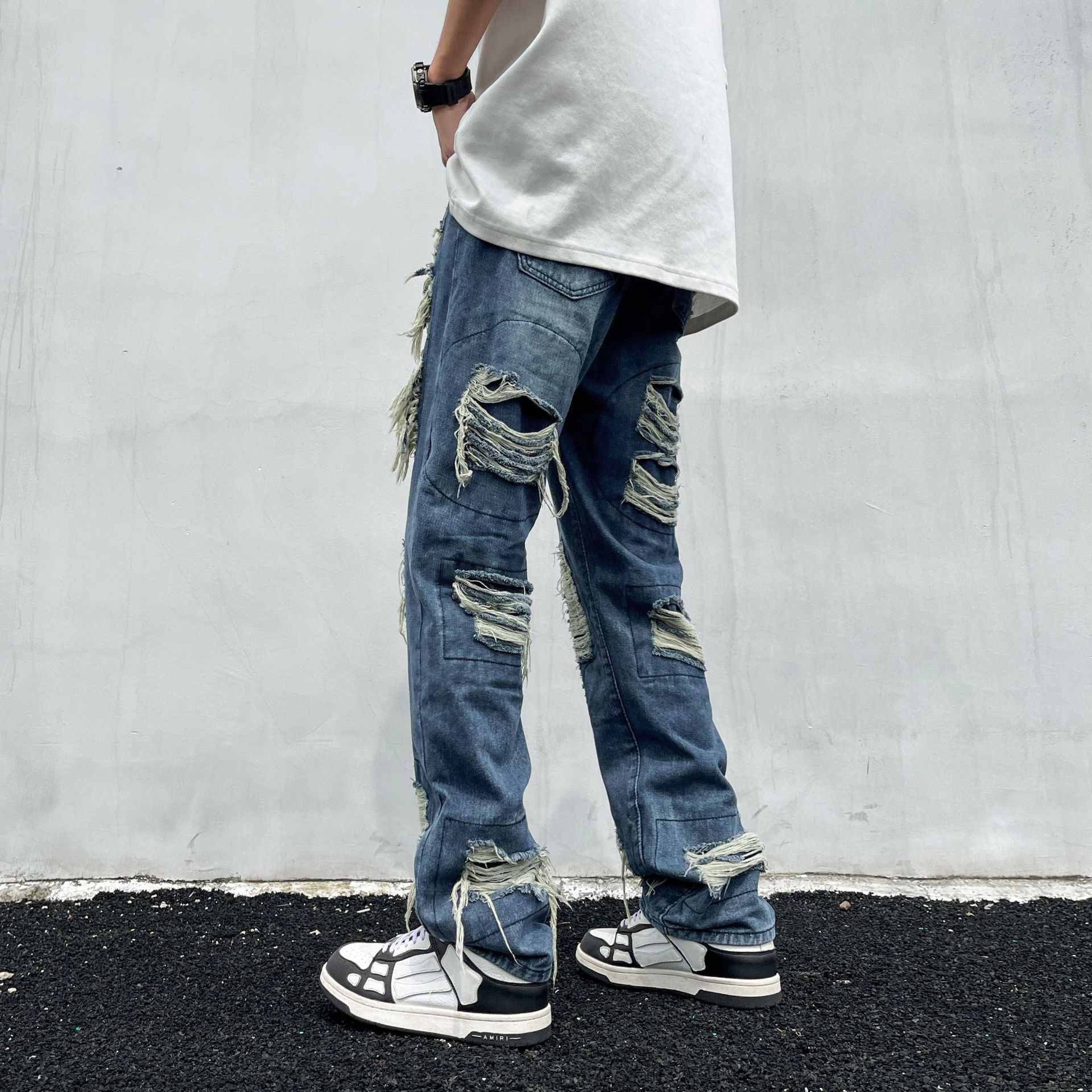 Tie-Dye Ripped Jeans For Men And Women American High Street Vintage Washed Slim Fit Flared Pants_mkmklike.com