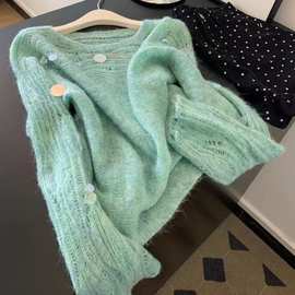 自留款推荐~多巴胺绿色亮片拼接针织衫女秋冬新款氛围感穿搭毛衣