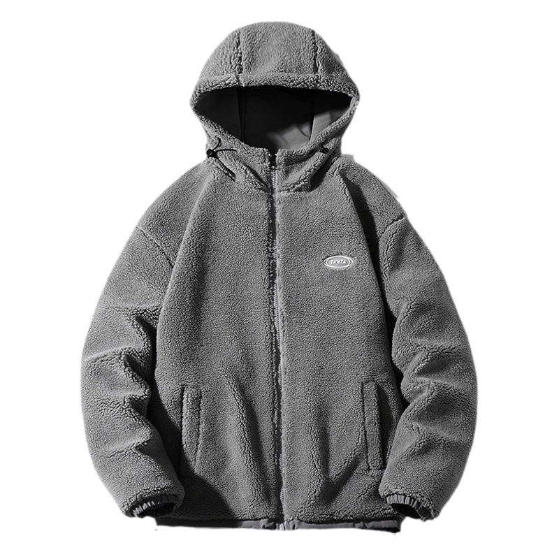 Invierno de los nuevos hombres de estilo coreano con capucha color sólido logotipo del coche de lana de cordero abrigo de algodón acolchado pareja de moda celebridad en línea mismo estilo abrigo a juego