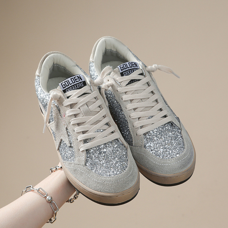 Korean-Style Fashionable Distressed White Sneakers 2025 Trending Internet Celebrity Casual Flat Sequin Star Sneakers Lace-Up Casual Shoes Korean-Style Fashionable Distressed White Sneakers 2025 Trending Internet Celebrity Casual Flat Sequin Star Sneakers Lace-Up Casual Shoes
