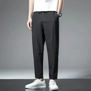 黑色休闲裤男士2025年新款夏季薄款直筒九分冰丝速干潮牌运动裤子