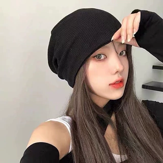 日系小众褶皱堆堆帽女纯色百搭冷帽网红情侣素颜包头帽韩版套头帽