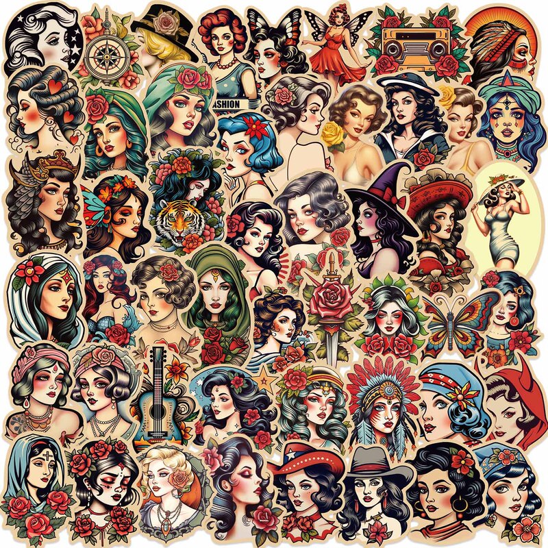 50 retro tattoo girl graffiti stickers guitar notebook suitcase DIY waterproof cross-border wholesale stickers