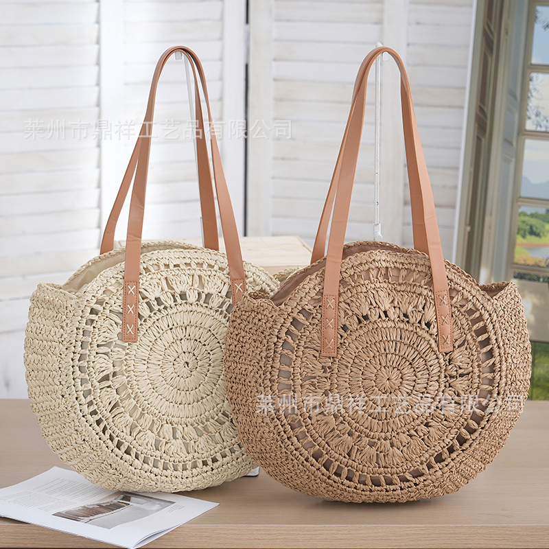 森系复古圆形单肩包草编包 百搭沙滩旅游度假包 田园风镂空手提包
