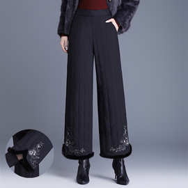 2025冬季时尚竖条纹宽松夹棉加厚保暖羽绒棉裤绣花阔腿裤直筒裤女