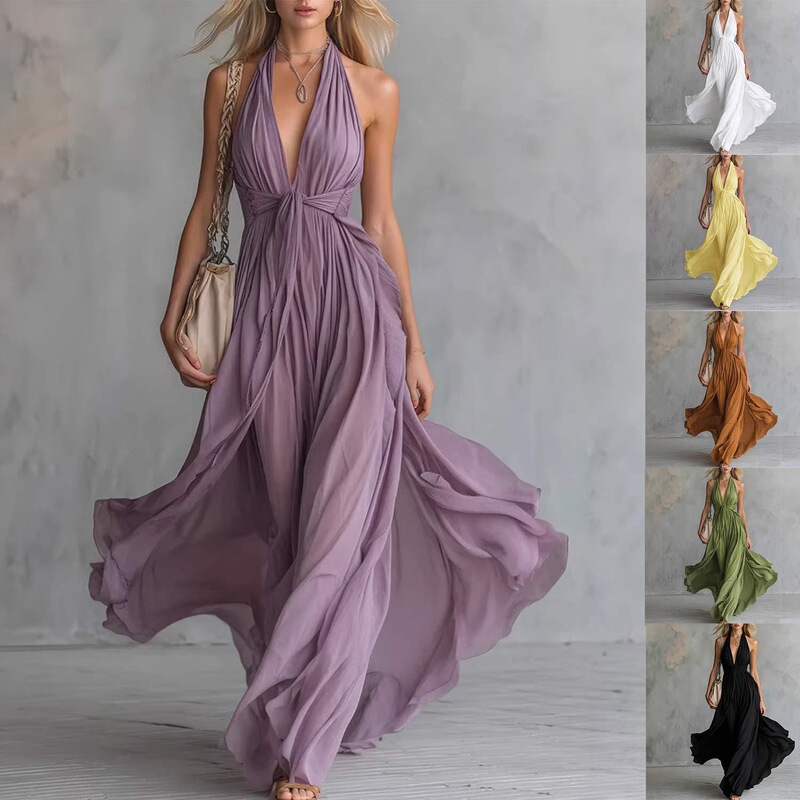 2026 Independent Foreign Trade European and American Cross-Border Women's New Sexy Solid Color V-Neck Sleeveless Waist-Cinching Halter Dress 2026 Independent Foreign Trade European and American Cross-Border Women's New Sexy Solid Color V-Neck Sleeveless Waist-Cinching Halter Dress