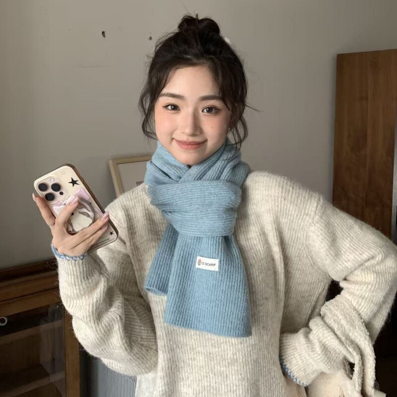 韩国软糯针织毛线蓝色小围巾冬季女高级感小巧围脖冬加厚保暖护颈|undefined