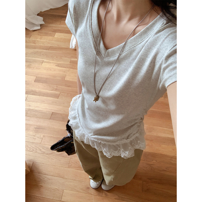High-Quality 92 Cotton 8 Spandex Korean Pure Desire V Neck Lace Splicing Hem Pleated Waist Short-Sleeved T-Shirt for Women
