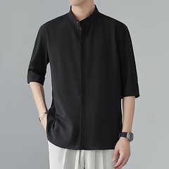 中国式立襟五分袖シャツ男性夏の新型パーマなしシャツ高級氷糸垂れ感中袖