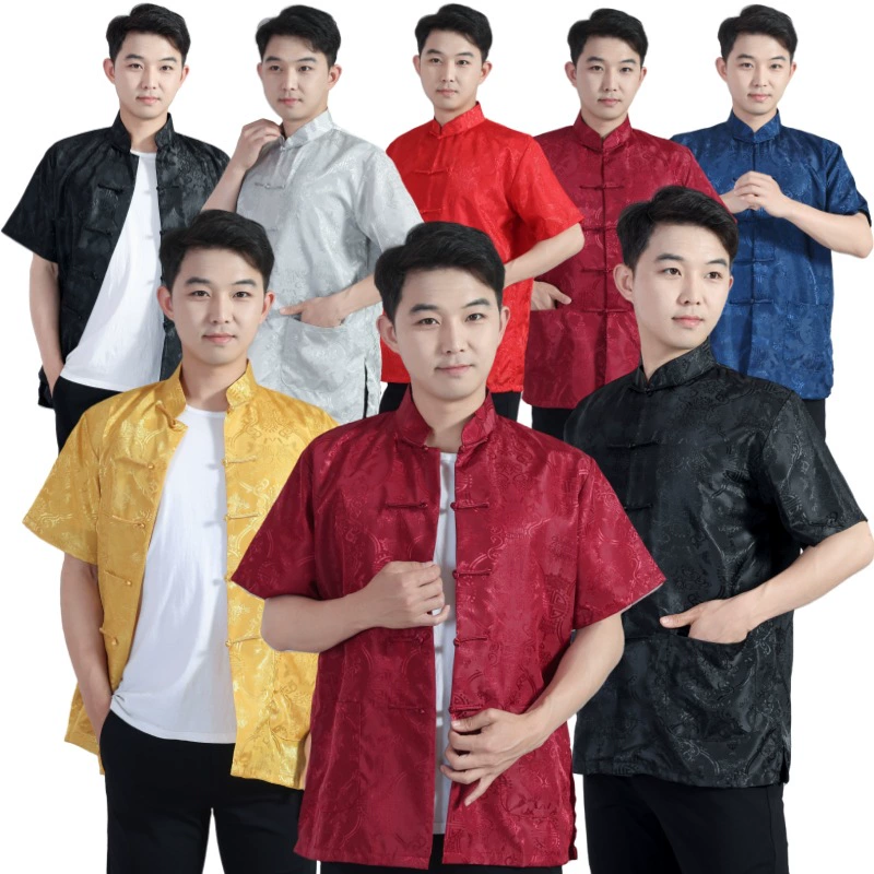 Оптовая продажа, дропшиппинг: модный мужской топ в китайском стиле Ханьфу из сатина с вышивкой, традиционный китайский костюм Тан, с коротким рукавом