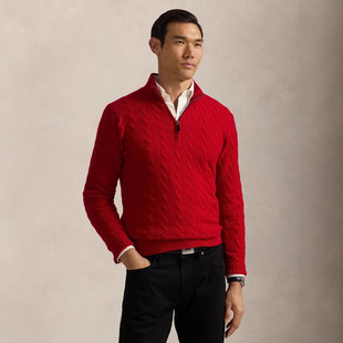 RL Ralph Pony Embroidered Knitwear Men's Autumn and Winter Twist Couple Half Zip Red Sweater Women's Collar