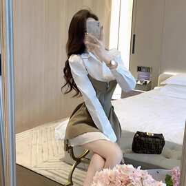 法式衬衫连衣裙女春秋2024新款设计感小众拼接收腰显瘦假两件裙子