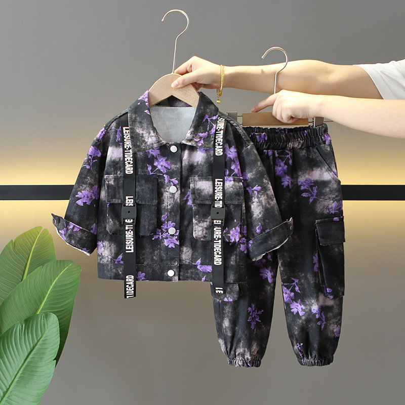 5980 traje de otoño para niños 2024 nuevo estilo primavera y otoño ropa de trabajo de aire occidental para niños de dos piezas chaqueta de teñido anudado para niños marea