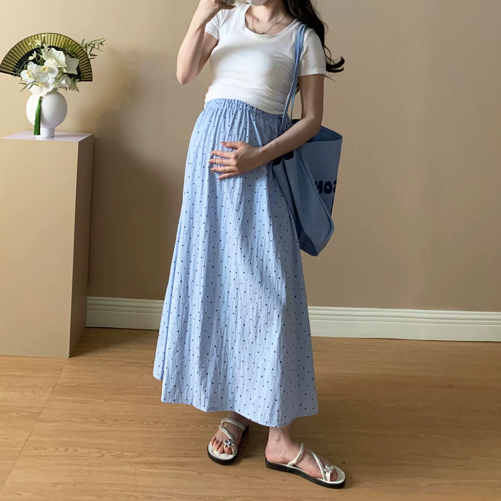 Летняя юбка в горошек для беременных, повседневная юбка средней длины в корейском стиле для беременных