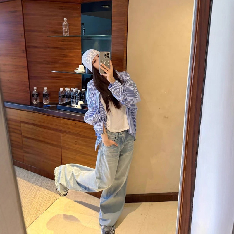 Sunoneone 1 American Retro Light Blue Jeans Women's Summer and Autumn New Style Distressed Loose Straight Casual Pants