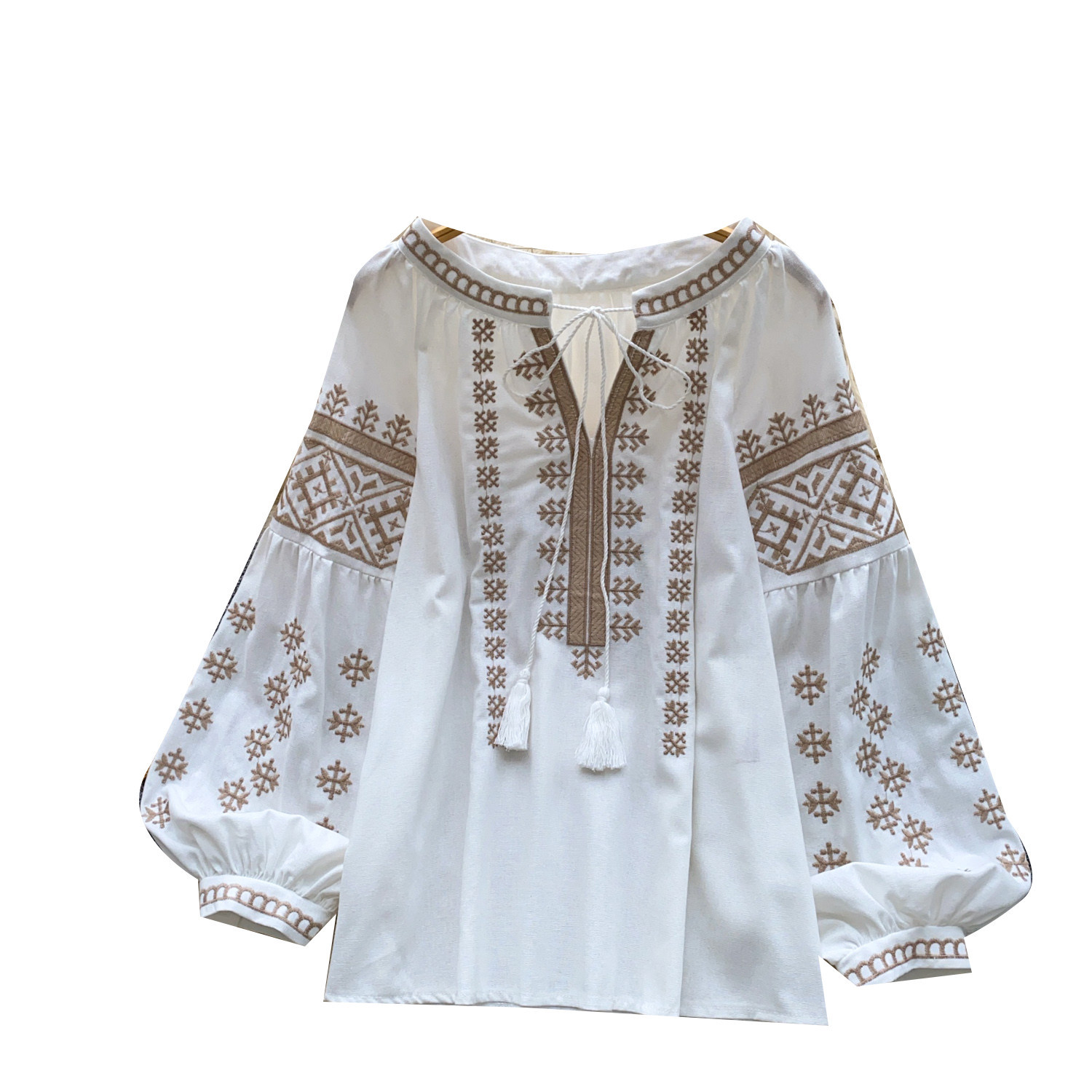Women's Retro Embroidered Ethnic Style Shirt Skin Friendly Breathable Loose Fit Slimming Tie Waist Lantern Sleeves Long Sleeves Commuter Top_ecoleips.com