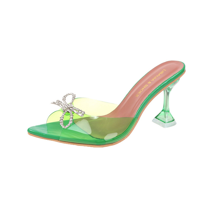 European And American Foreign Trade Bowknot Thin Crystal Sandals Women's One-Strap Pointed Toe High Heel Slippers_vogvips.com
