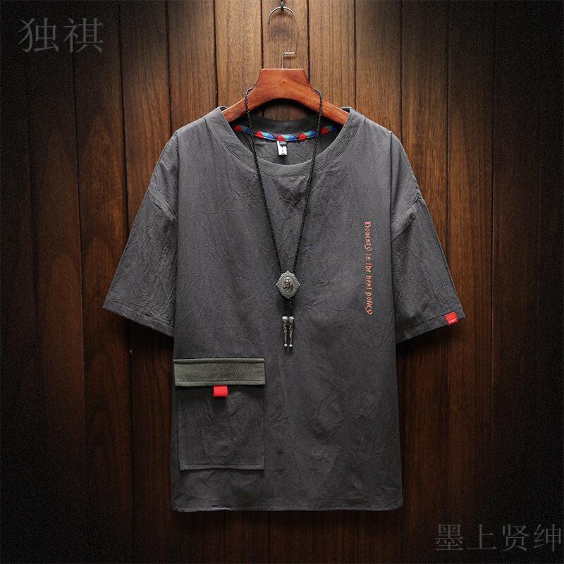 Tooling Short-sleeved T-shirt Men's Loose Japanese Linen Cotton and Linen T-shirt Half-sleeved Clothes Summer Thin plus size Fashion Brand