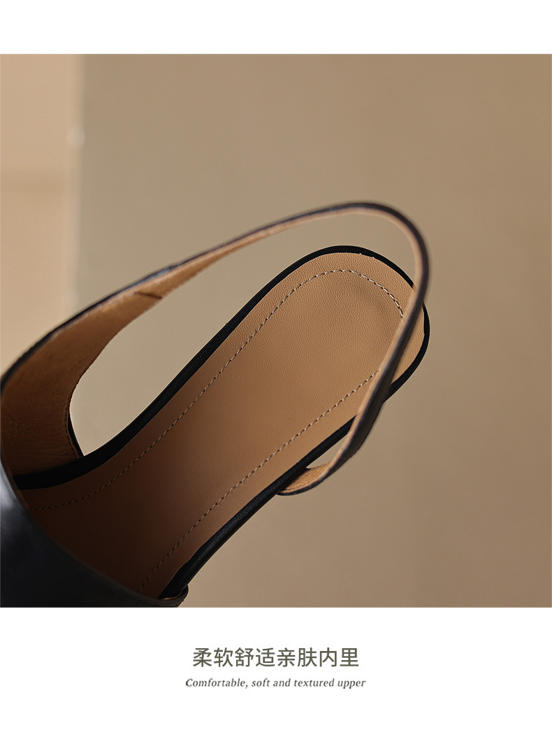 Giày sandal cao gót nữ mũi nhọn kiểu Pháp, da bò thật, gót mèo, hở mũi hở lưng — đen chi tiết 16
