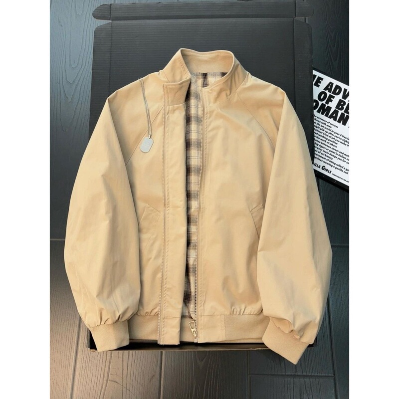 American retro plaid lined jacket for men, autumn Harrington stand-up collar jacket, casual loose baseball jacket American retro plaid lined jacket for men, autumn Harrington stand-up collar jacket, casual loose baseball jacket