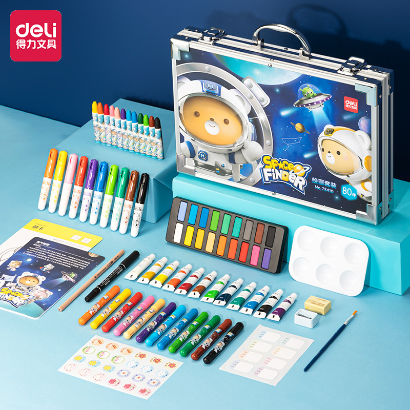 Deli 75410 pintura para niños caja de regalo de aleación de aluminio regalo del Día del Niño 80 unidades de pintura regalo para estudiantes de la escuela primaria traje