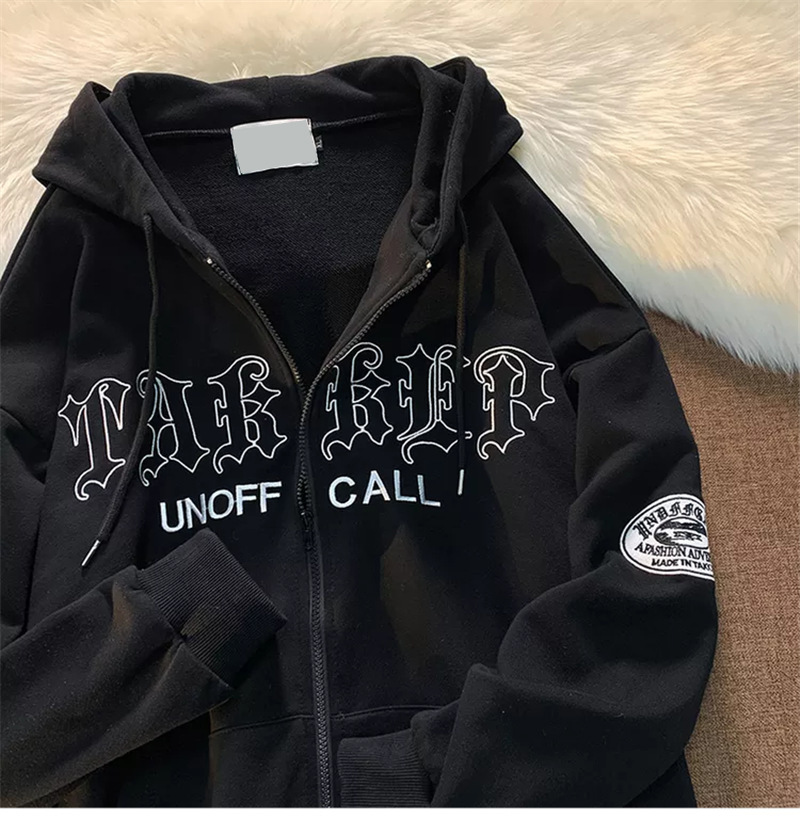  Abbigliamento da donna giacca cardigan in felpa casual allentata con tasca con cappuccio ricamata con lettera retrò_voghion.com