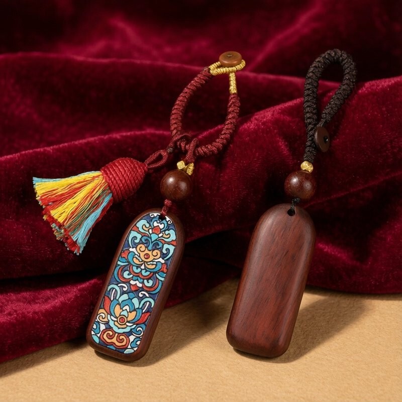 Chinese Style Painted Sandalwood Car Keychain Pendant Anti-Loss Safety Charm for Men and Women, High-End New Year Gift