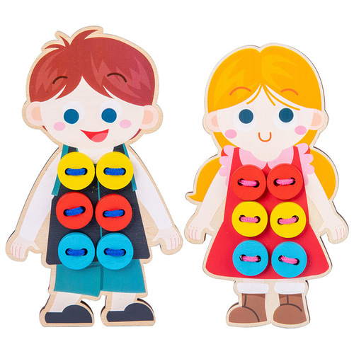 Children's wooden lacing clothes with buttons for kindergartens, baby hand-eye coordination developmental early education toy, wholesale