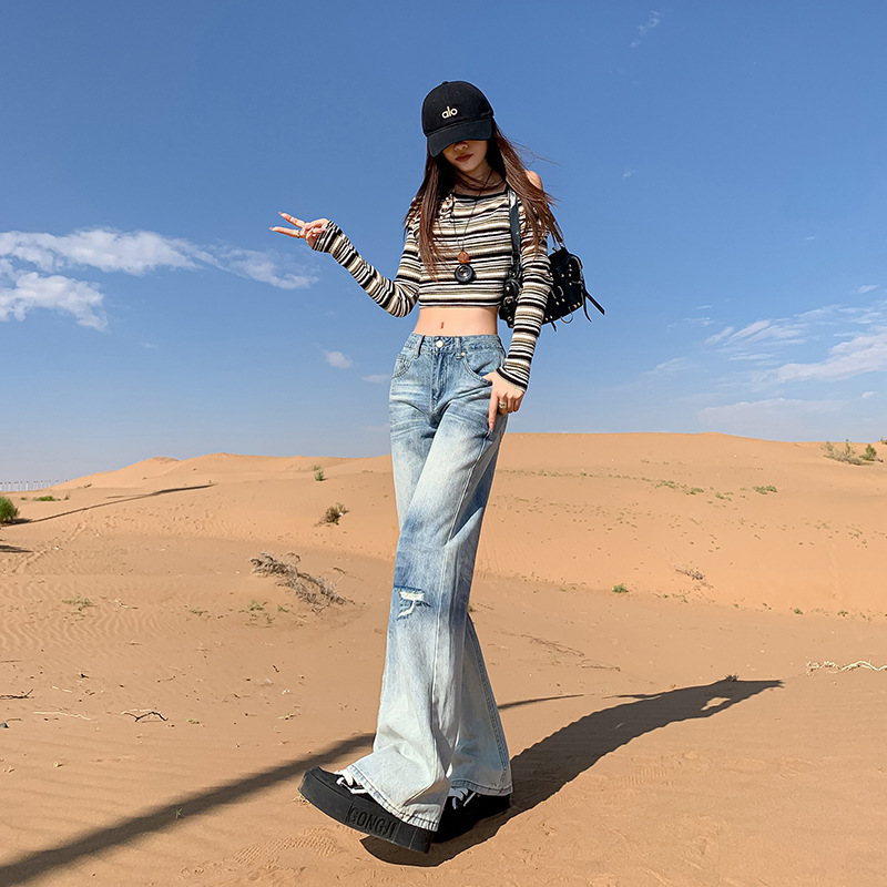 Light Blue Ripped Flared Jeans for Women, Autumn and Winter New Style, Loose Low-Waisted Wide-Leg Pants for Small People