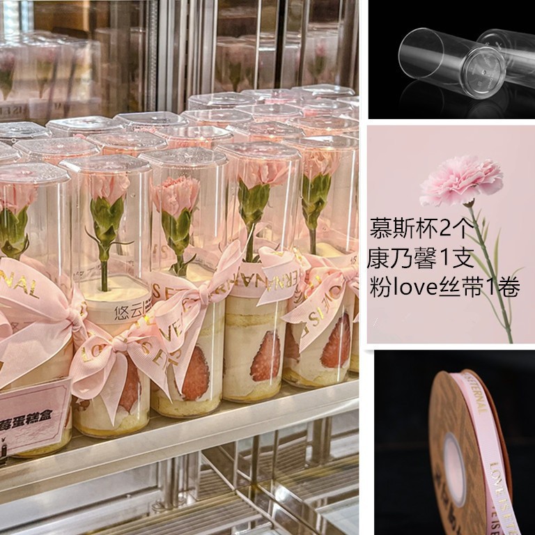 Día de la diosa de la mujer red pastel horneado decoración de mano claveles taza de barril transparente bolsa de mousse embalaje