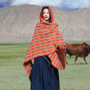 Cape Shawl Coat Women's Autumn and Winter Scarf Dual-use Red Ethnic Style Warm Cloak Thick Desert Grassland Photo