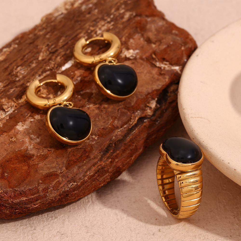 Stainless Steel Black Agate Heart Ring Earrings