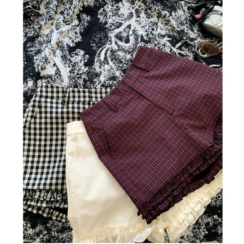 axb поддельные ежедневные газеты, трехцветные кружевные шорты с высокой талией, тонкие повседневные клетчатые брюки в ленивом стиле для женщин