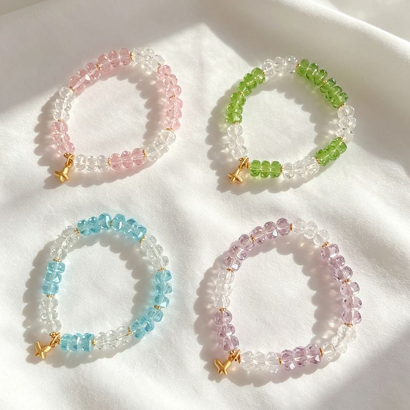 Macaron Color Block Cut Wheel Bead Bracelet with Mini Gold Butterfly Pendant, Flattering for Complexion, Unique Gift for Girls and Best Friends