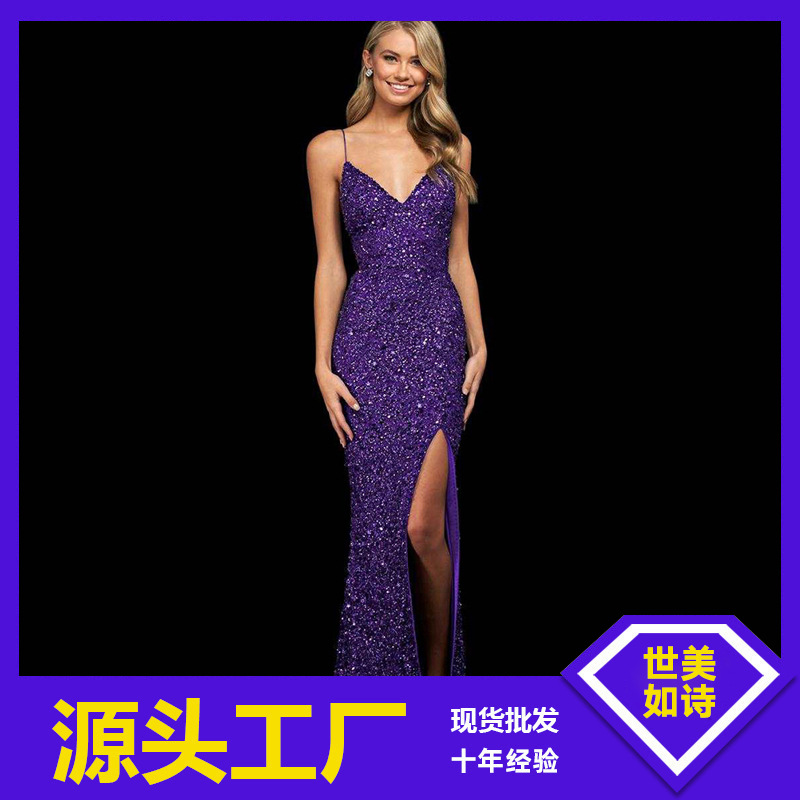 2025 verano transfronterizo nuevas damas europeas y americanas sexy vestido sin espalda con lentejuelas vestido delgado y dividido falda larga