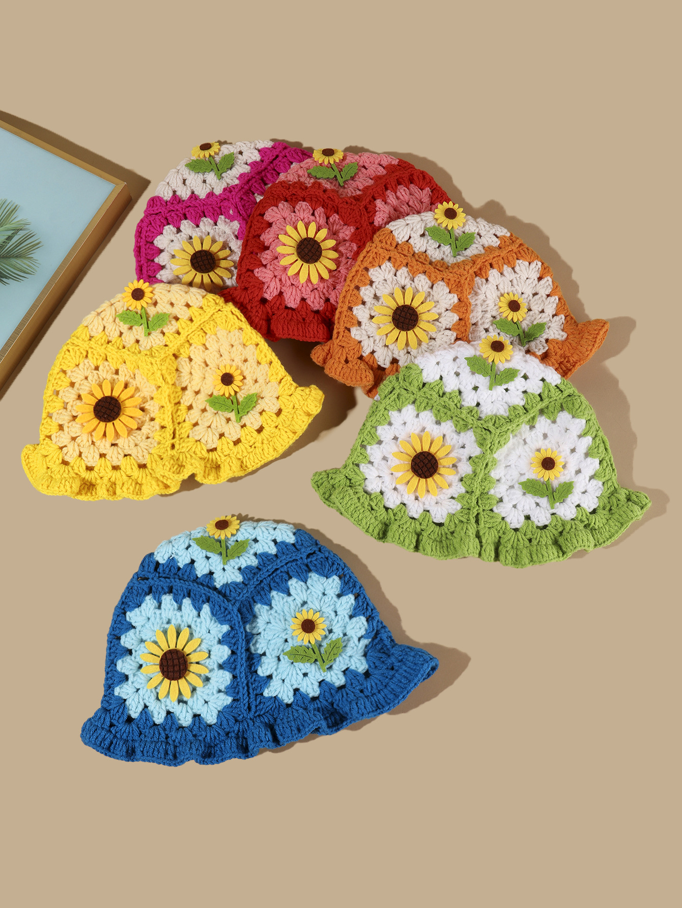 Cappello da pescatore con girasole tessuto a mano, autunno e inverno, carino cappello infantile con bordo a fungo, in lana all'uncinetto_voghion.com