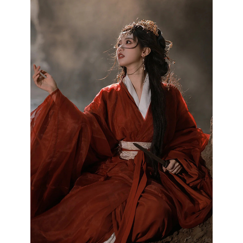 魏晋制南北朝汉服女红色古风婚服超仙气飘逸成人侠女风古装战国袍|undefined