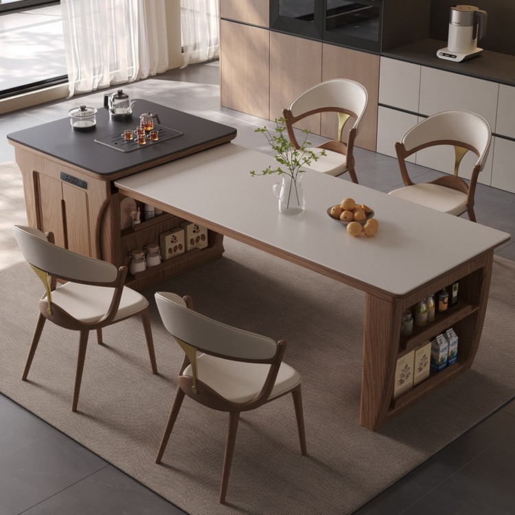 Mesa de mesa de isla de madera maciza mesa de comedor integrada para uso doméstico retráctil, plataforma de guía de alta gama moderna y simple